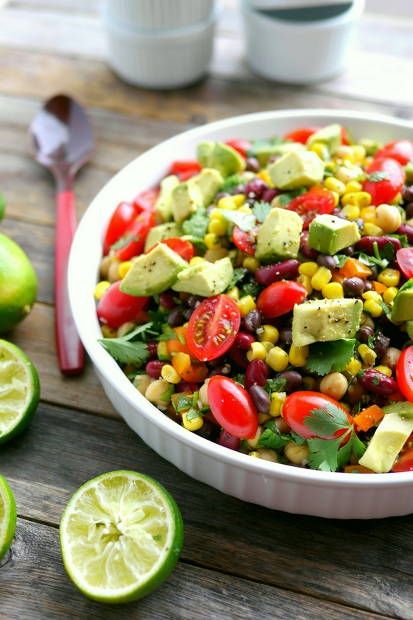 Overhead image emphasizing the beans, with black beans, kidney beans, and garbanzo beans adding texture and variety to the dish.