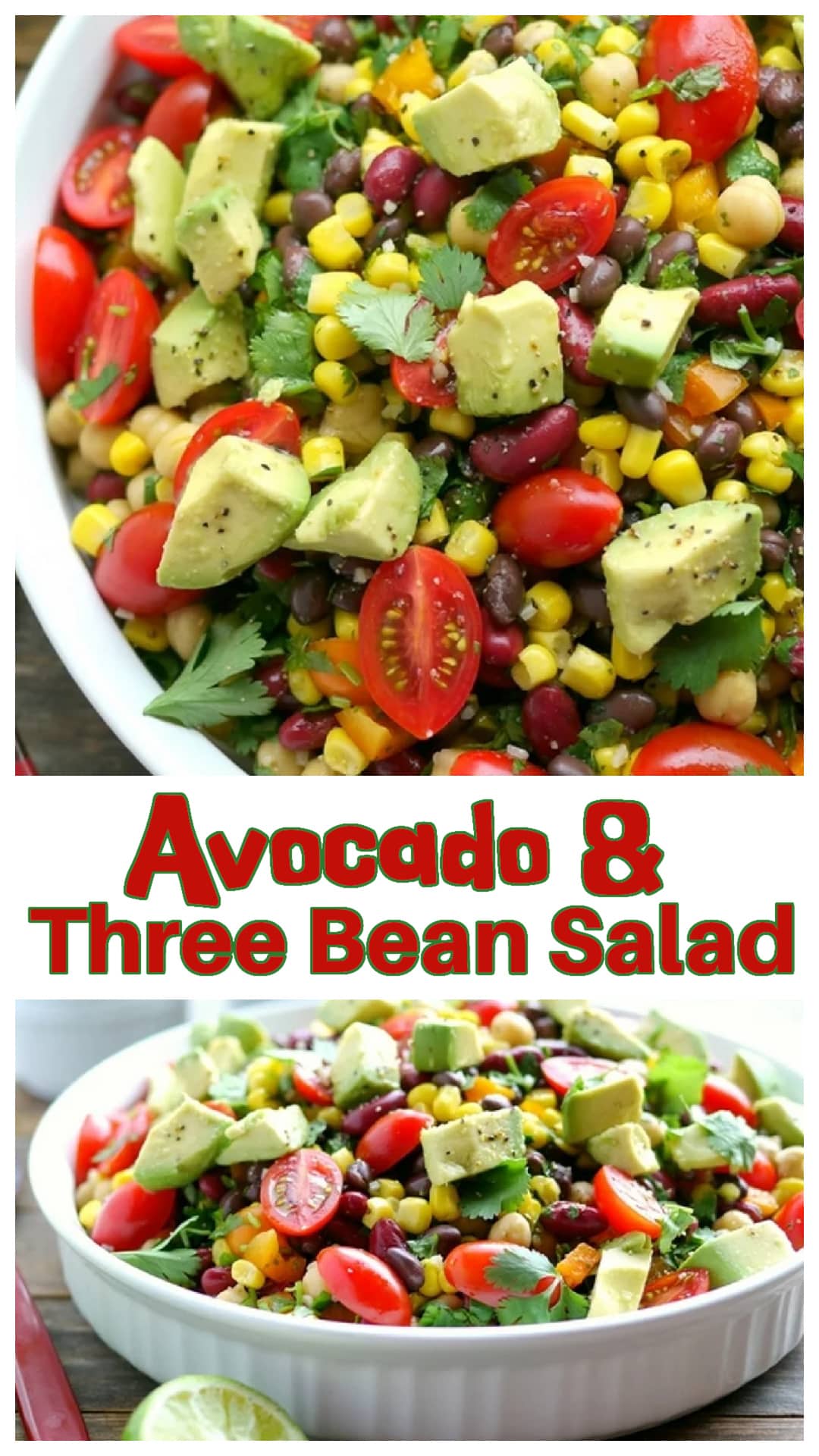 This Avocado and Three Bean Salad is fresh, hearty, and packed with flavor. Made with black beans, kidney beans, garbanzo beans, sweet corn, crisp bell pepper, juicy tomatoes, and creamy avocado, it’s tossed in a zesty lime-garlic dressing. Perfect as a side dish, light meal, or meal prep option. Quick, easy, and naturally vegan and gluten-free, this vibrant salad is great for potlucks, barbecues, or weekday lunches. via @cmpollak1