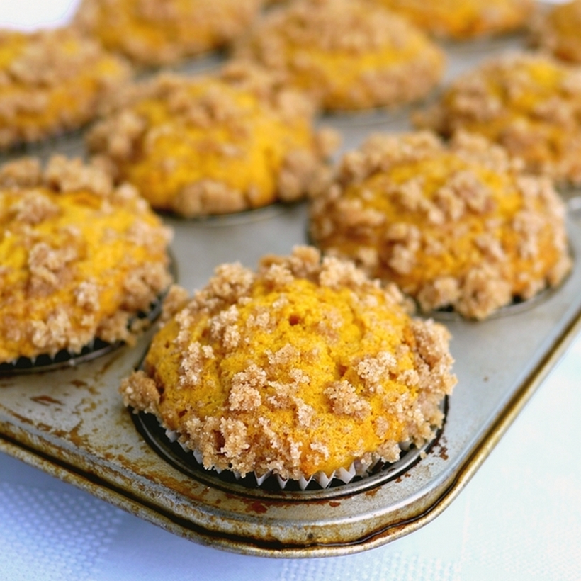 These Streuseled Pumpkin Buttermilk Muffins are the perfect answer to a Fall season breakfast. Tangy, moist and with big hunks of crunchy streusel, I can’t think of a better way to enjoy my morning cup of coffee. Streuseled Pumpkin Buttermilk Muffins in a muffin tin.