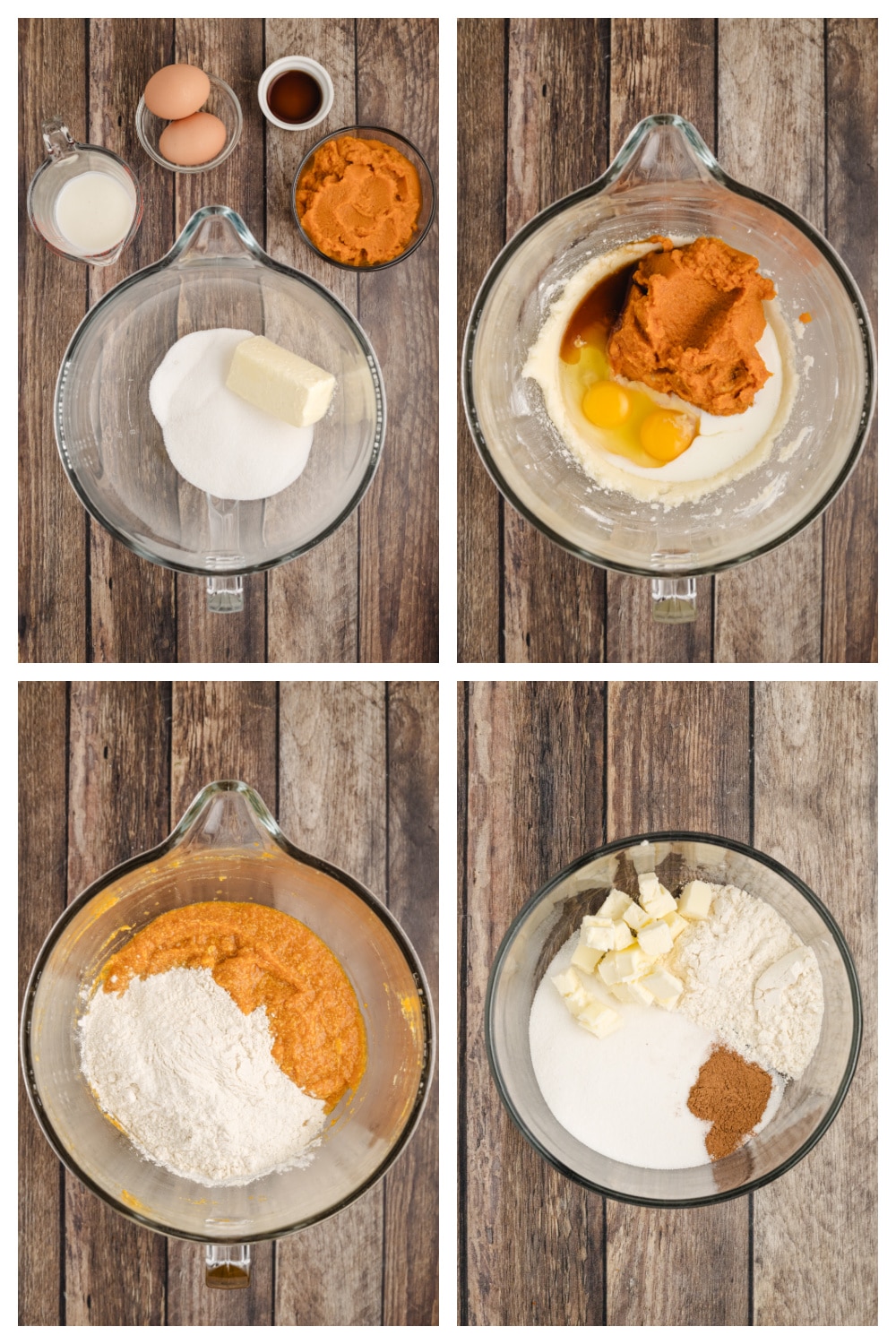 how to make pumpkin buttermilk muffins how to make pumpkin buttermilk muffins step by step showing mixing butter, sugar, eggs, pumpkin purée, and dry ingredients
