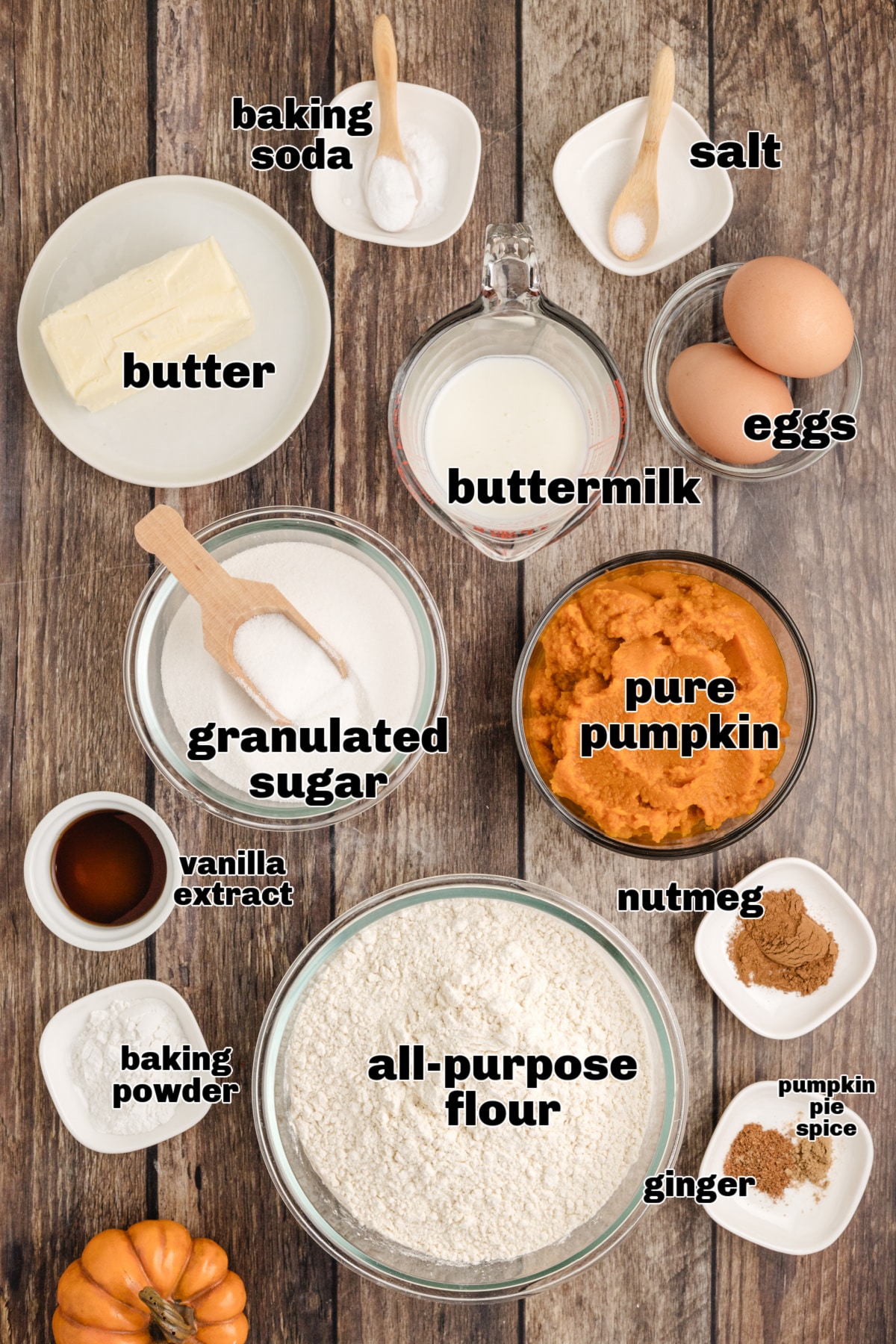 pumpkin muffin ingredients with buttermilk ingredients for pumpkin muffins with buttermilk including flour, pumpkin purée, butter, eggs, sugar, and spices on wooden surface