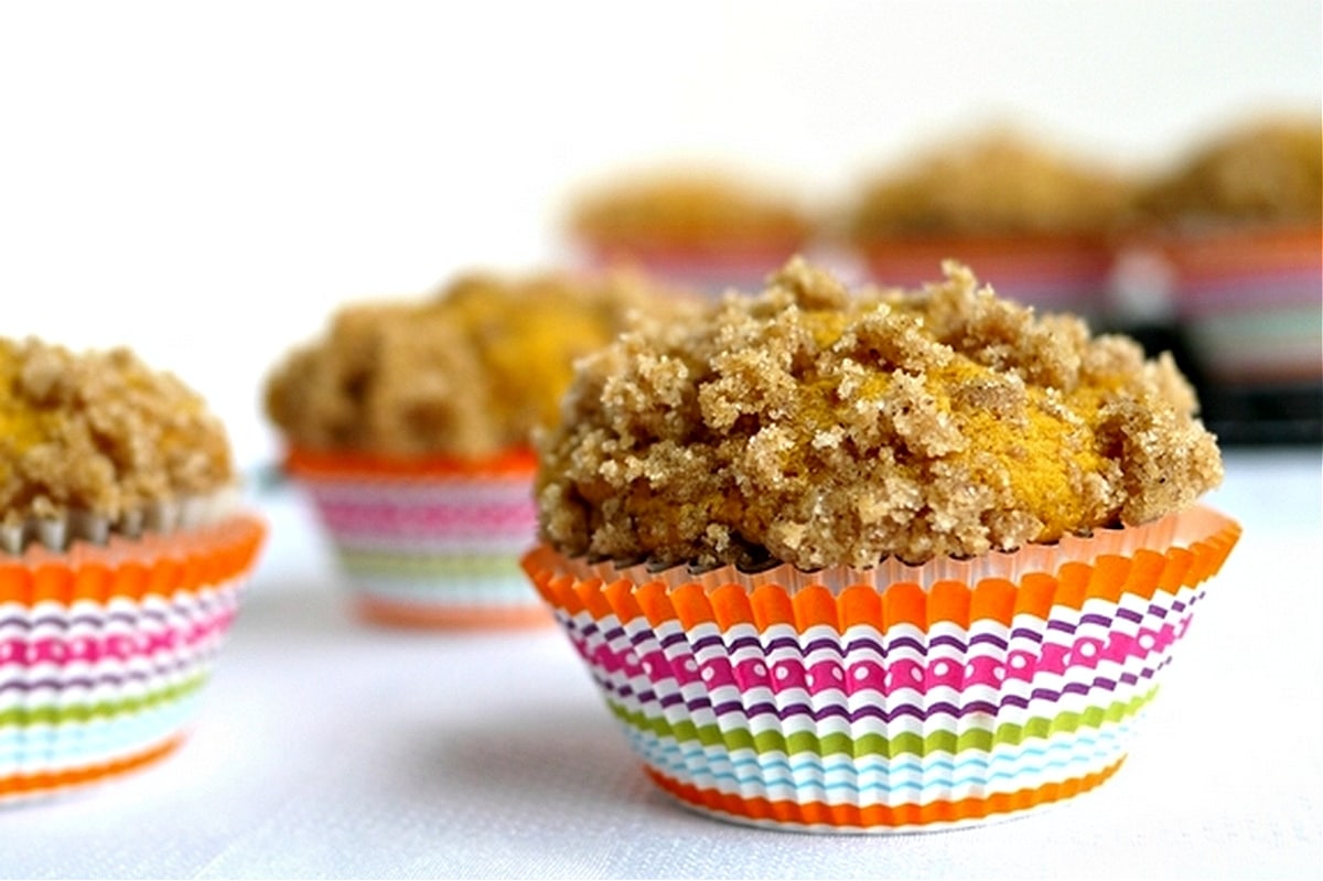 buttermilk pumpkin muffins side view side view of buttermilk pumpkin muffins rising in pan with golden crumb topping