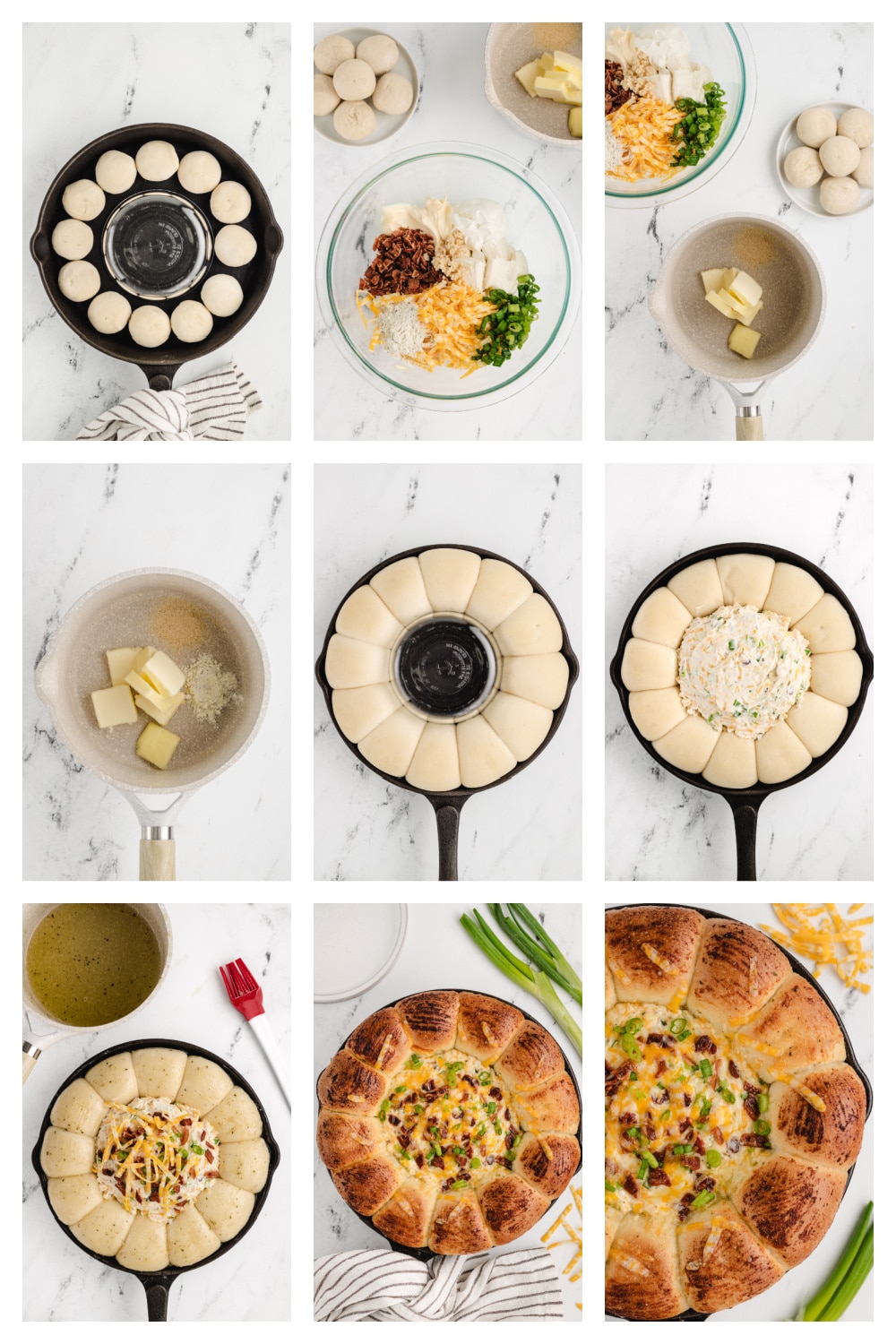 Step-by-Step Process for Making Bacon Ranch Ring Dip Collage showing steps to make sour cream bacon ranch ring dip: arranging rolls in skillet, mixing dip ingredients, filling center with dip, brushing rolls with butter, and baking.