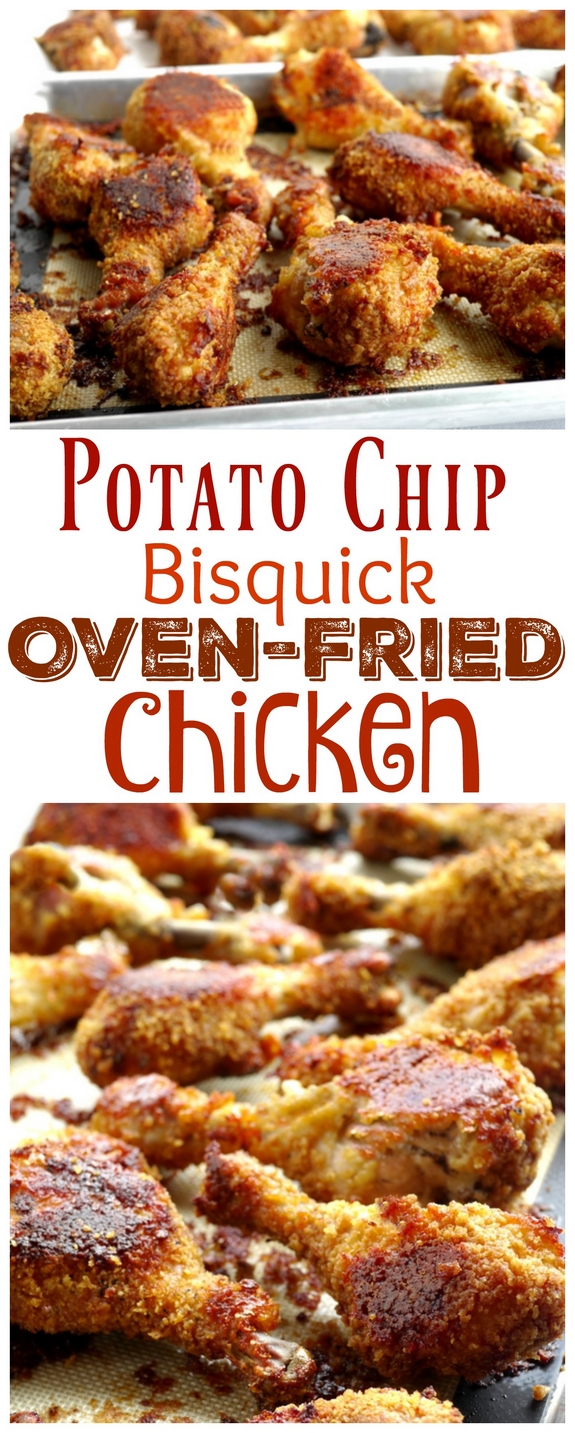 These Potato Chip-Bisquick Oven "Fried" Drumsticks are crispy, crunchy and delicious without ever getting out the fryer. It's delicious right out of the oven and throughout the week for leftovers from NoblePig.com. #noblepig #friedchicken #chicken #picnicrecipes #potatochips via @cmpollak1