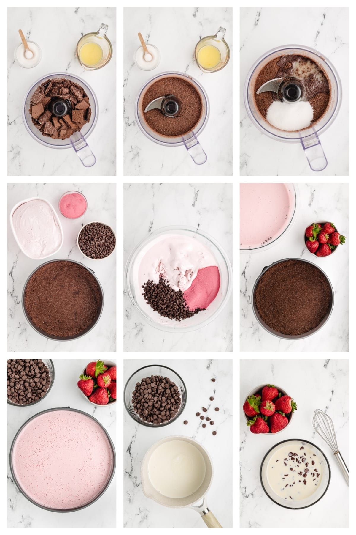 How to make Strawberry Chocolate Chip Ice Cream Cake A collage of images showing the process of making the ice cream cake, from pressing the crust into the pan to mixing the ice cream layer, pouring on the ganache, and freezing the cake.