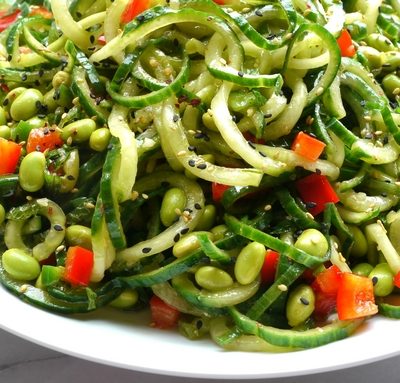 Cucumber Edamame Salad with Ginger-Soy Vinaigrette in a bowl.