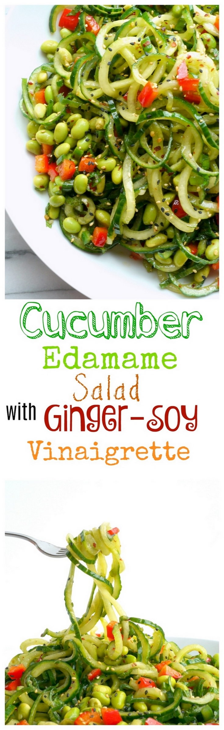 This perfectly delicious Cucumber Edamame Salad with Ginger-Soy Vinaigrette is my latest obsession. The vinaigrette is perfectly balanced over these spiralized cucumber noodles and protein rich edamame. It's the perfect side dish. via @cmpollak1