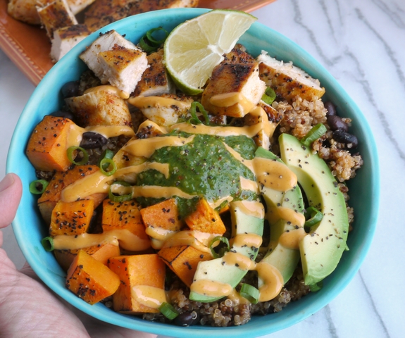Chicken, Sweet Potato and Quinoa Bowls with Tomatillo Drizzle 