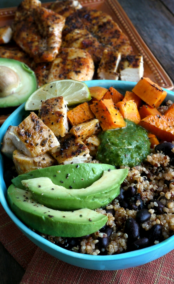 Chicken, Sweet Potato and Quinoa Bowls with Tomatillo Drizzle 