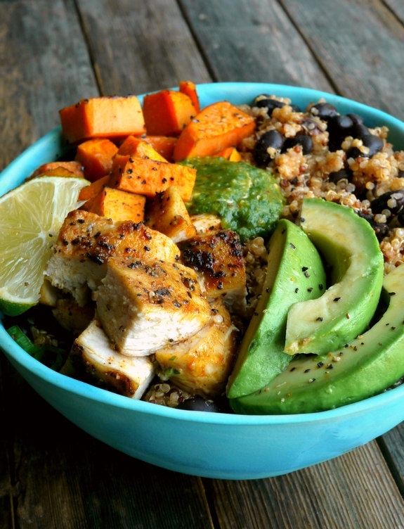 Chicken, Sweet Potato and Quinoa Bowls with Tomatillo Drizzle 