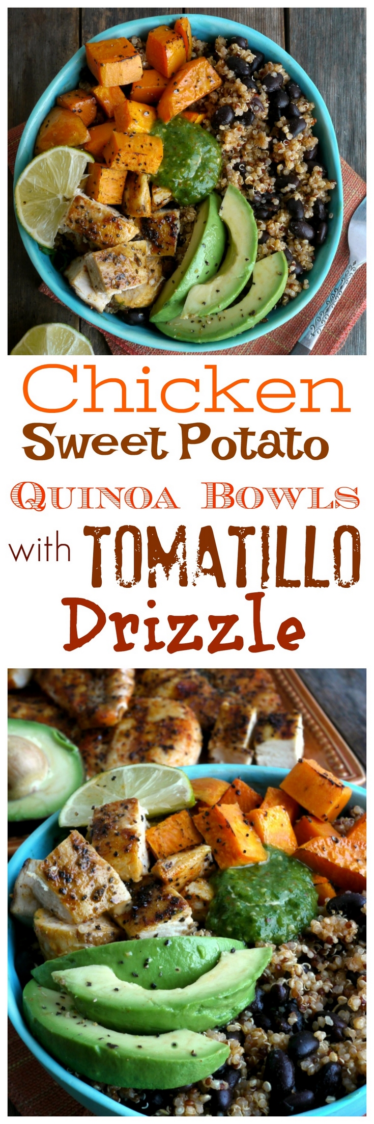 Healthy and delicious, this Chicken, Sweet Potato and Quinoa Bowl with Roasted Tomatillo Drizzle is perfect for lunch and dinner from NoblePig.com. via @cmpollak1