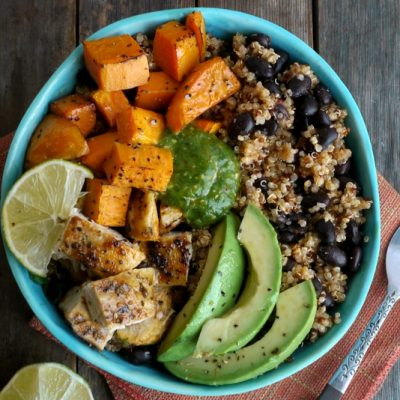 Chicken, Sweet Potato and Quinoa Bowls with Tomatillo Drizzle