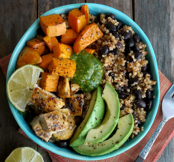 Chicken, Sweet Potato and Quinoa Bowls with Tomatillo Drizzle 