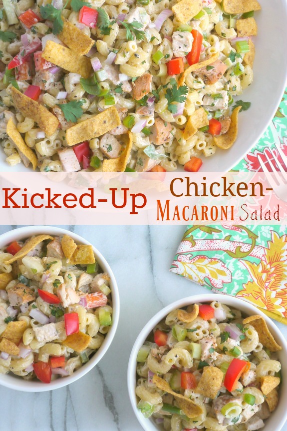 This Kicked-Up Chicken-Macaroni Salad recipe will impress your family and friends at your next picnic, BBQ or tailgate. This chicken macaroni salad pairs well with almost anything and will have your guests begging for more. Kicked-Up Chicken-Macaroni Salad in text with three bowls of macaroni salad and a colorful napkin.