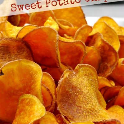 Text overlay that reads the best homemade sweet potato chips with sweet potato chips on a tray.
