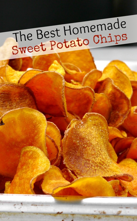 Text overlay that reads The Best Homemade Sweet Potato Chips with sweet potato chips on a baking tray.