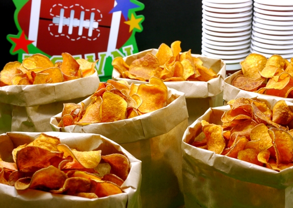 The Best Homemade Sweet Potato Chips in brown paper bags,