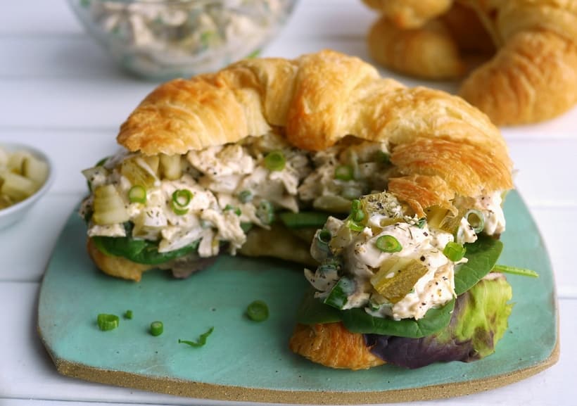 As a dedicated pickle lover, these Dill Pickle Chicken Salad Croissant Sandwiches have become a fast favorite. They are perfect for lunch or a light dinner and keep for several days in the fridge. I promise you are going to love the pop of flavor in every bite. chicken salad sandwich