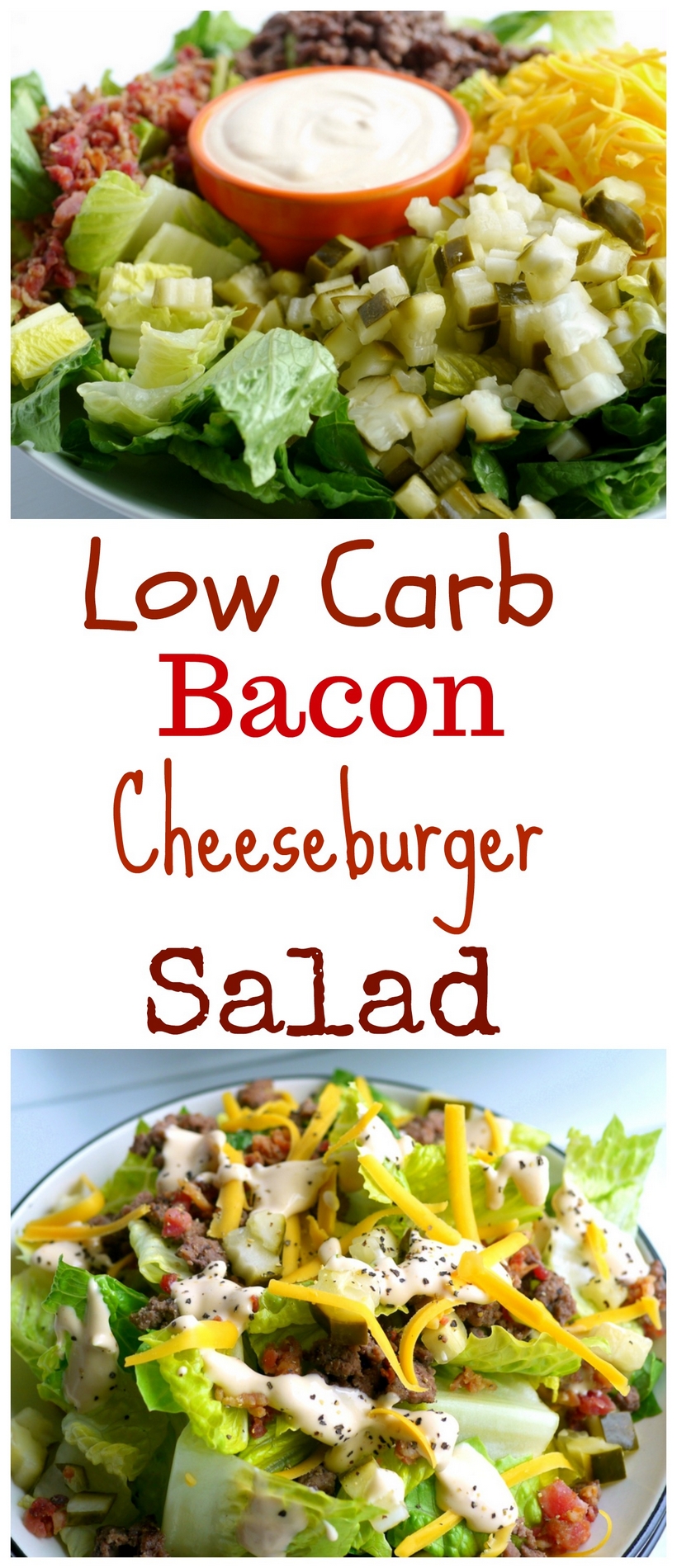 If you are trying to cut sugar out of your diet, this Low Carb Bacon Cheeseburger Salad Recipe is the perfect meal for you. Who needs the bun anyway? You'll be surprised how much this flavorful salad mimics your favorite burger. A gluten-free, keto-friendly meal that makes a healthy lunch or dinner from NoblePig.com. #noblepig #salad #keto #lowcarb #glutenfree #cheeseburger #healthyeats