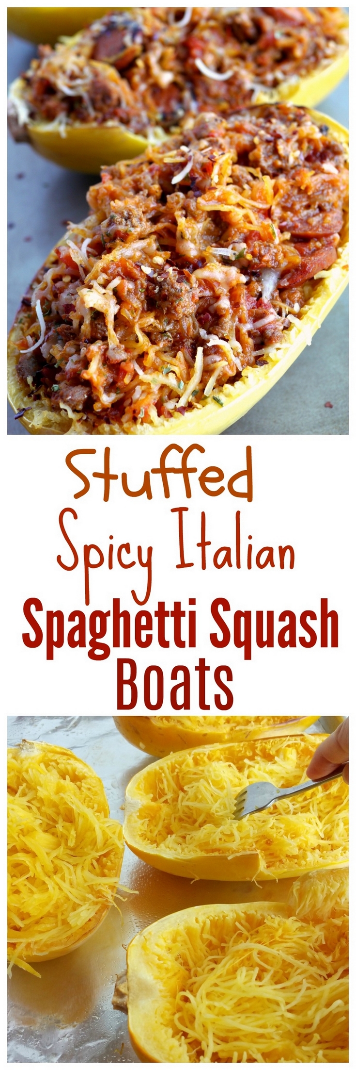 Stuffed Spicy Italian Spaghetti Squash Boats ~All the flavors of a hearty spaghetti dinner packed into a tender, roasted spaghetti squash. These Stuffed Spicy Italian Spaghetti Squash Boats are the answer to comfort food made in a healthy way. All the flavors of a hearty spaghetti dinner packed into a tender, roasted spaghetti squash. This Stuffed Spicy Italian Spaghetti Squash Boats recipe are the answer to comfort food made in a healthy way.  A fork is all it takes to separate the pale orange strands of the gourd into vegetable noodles. It couldn't be easier from NoblePig.com. #noblepig #spaghettisquash #italianfood #healthyeats via @cmpollak1