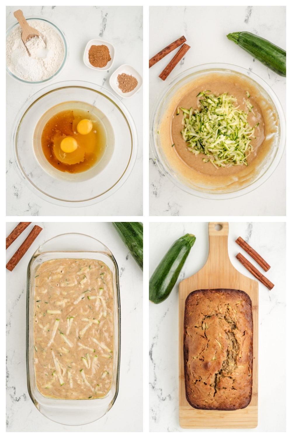 Step-by-step process for making honey zucchini bread, from mixing to baking