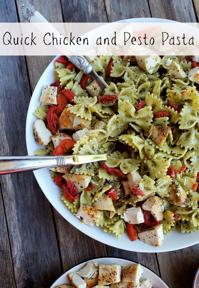 Get dinner on the table with this Quick Chicken and Pesto Pasta. It's full of flavor and makes great leftovers for lunch. Quick Chicken and Pesto Pasta in text with a bowl of the finished dish of pasta.
