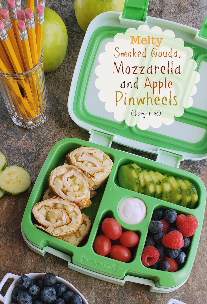 Fill that new lunchbox with these delicious Melty Smoked Gouda, Mozzarella and Apple Pinwheels. You will have a hard time believing this luscious tasting cheese is dairy-free! #noblepig #dairyfree #backtoschool #lunchbox #smokedgouda