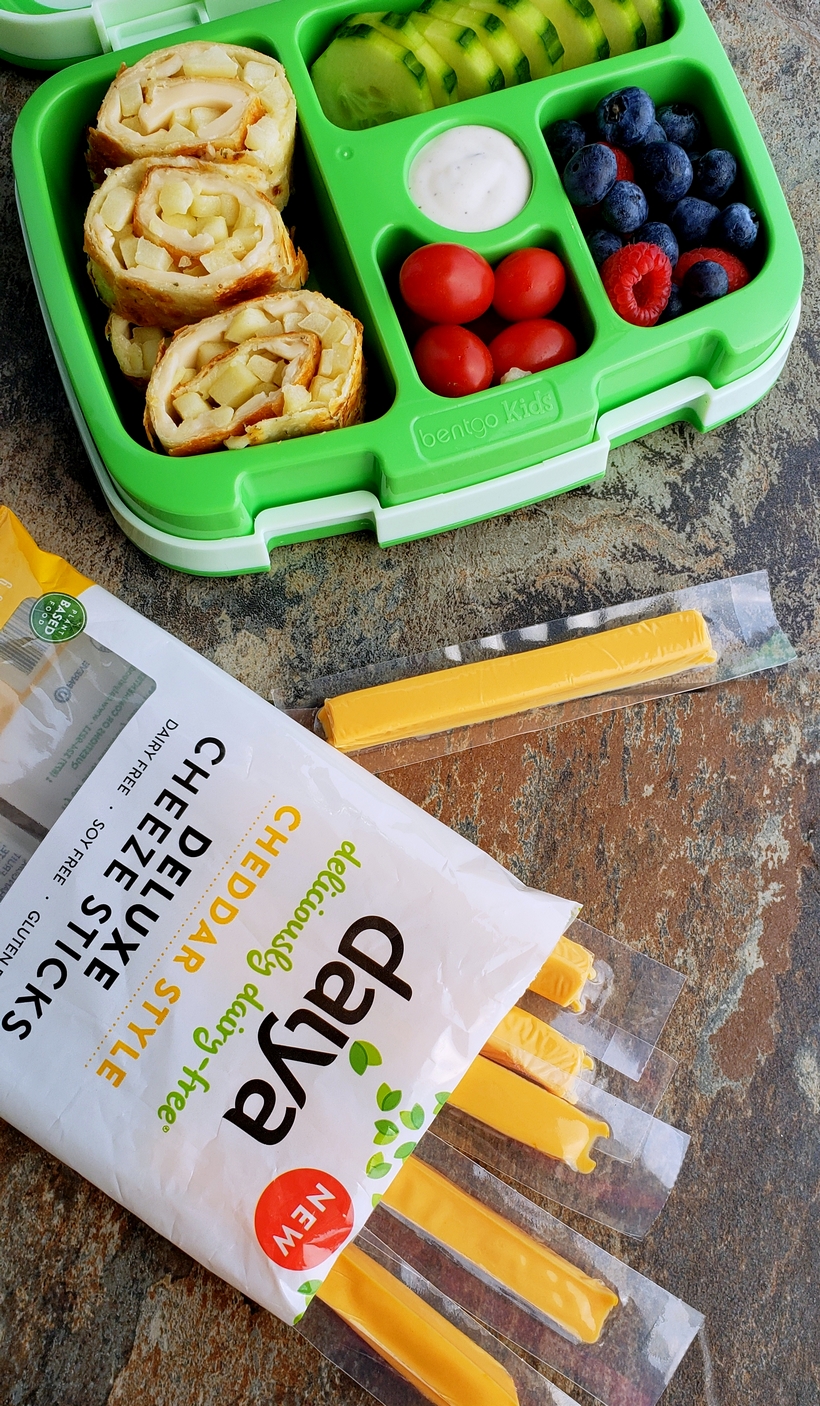 Fill that new lunchbox with these delicious Melty Smoked Gouda, Mozzarella and Apple Pinwheels. You will have a hard time believing this luscious tasting cheese is dairy-free! #noblepig #dairyfree #backtoschool #lunchbox #smokedgouda