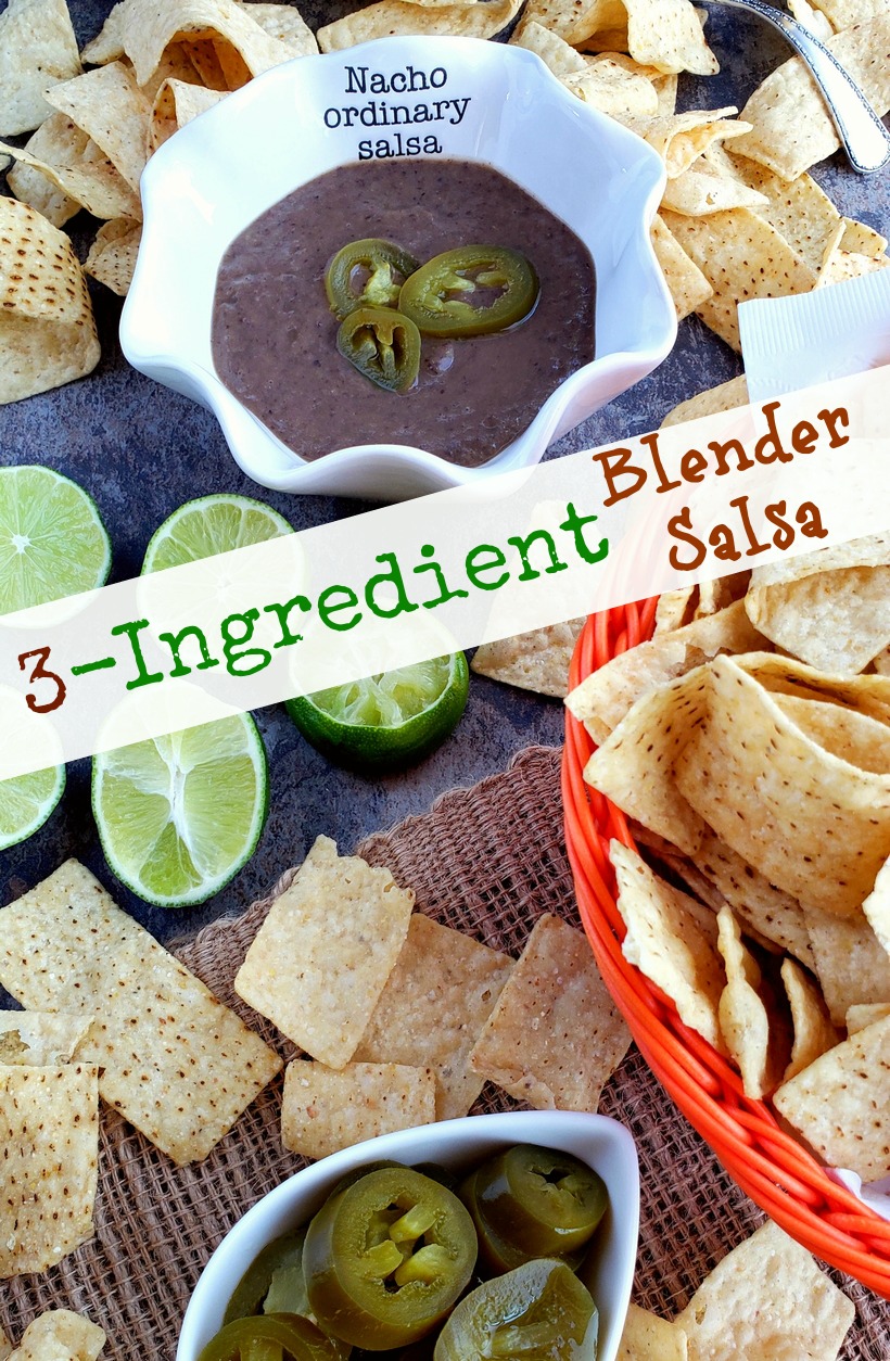 You will be obsessed with this quick and easy 3-Ingredient Blender Salsa that is packed with flavor and spicy heat. Whether you pour it over tacos or use it for chips and dip, I guarantee it will become a fast favorite. #noblepig #salsa #gameday #easyrecipes Salsa with chips, jalapenos and text that says 3-ingredient blender salsa.
