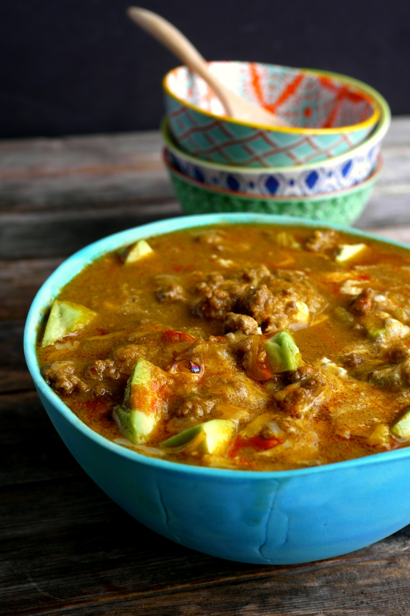 Easy, delicious and ready in under thirty minutes, this Spicy Low Carb Hamburger Soup is a hearty and warming dinner. Since it makes a large batch, there will be enough leftovers for lunches and dinners that week. This soup is keto friendly. #noblepig #keto #ketorecipe #lowcarb #easydinner