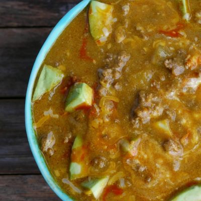 Easy, delicious and ready in under thirty minutes, this Spicy Low Carb Hamburger Soup is a hearty and warming dinner. Since it makes a large batch, there will be enough leftovers for lunches and dinners that week. This soup is keto friendly. #noblepig #keto #ketorecipe #lowcarb #easydinner