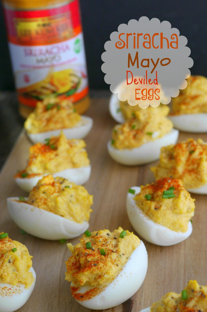 Add a little spice to the appetizer table with these Sriracha Mayo Deviled Eggs. This is a zesty, creamy and splurge-worthy treat you'll want to serve at every event! #noblepig #sriracha #eggs #devliedeggs