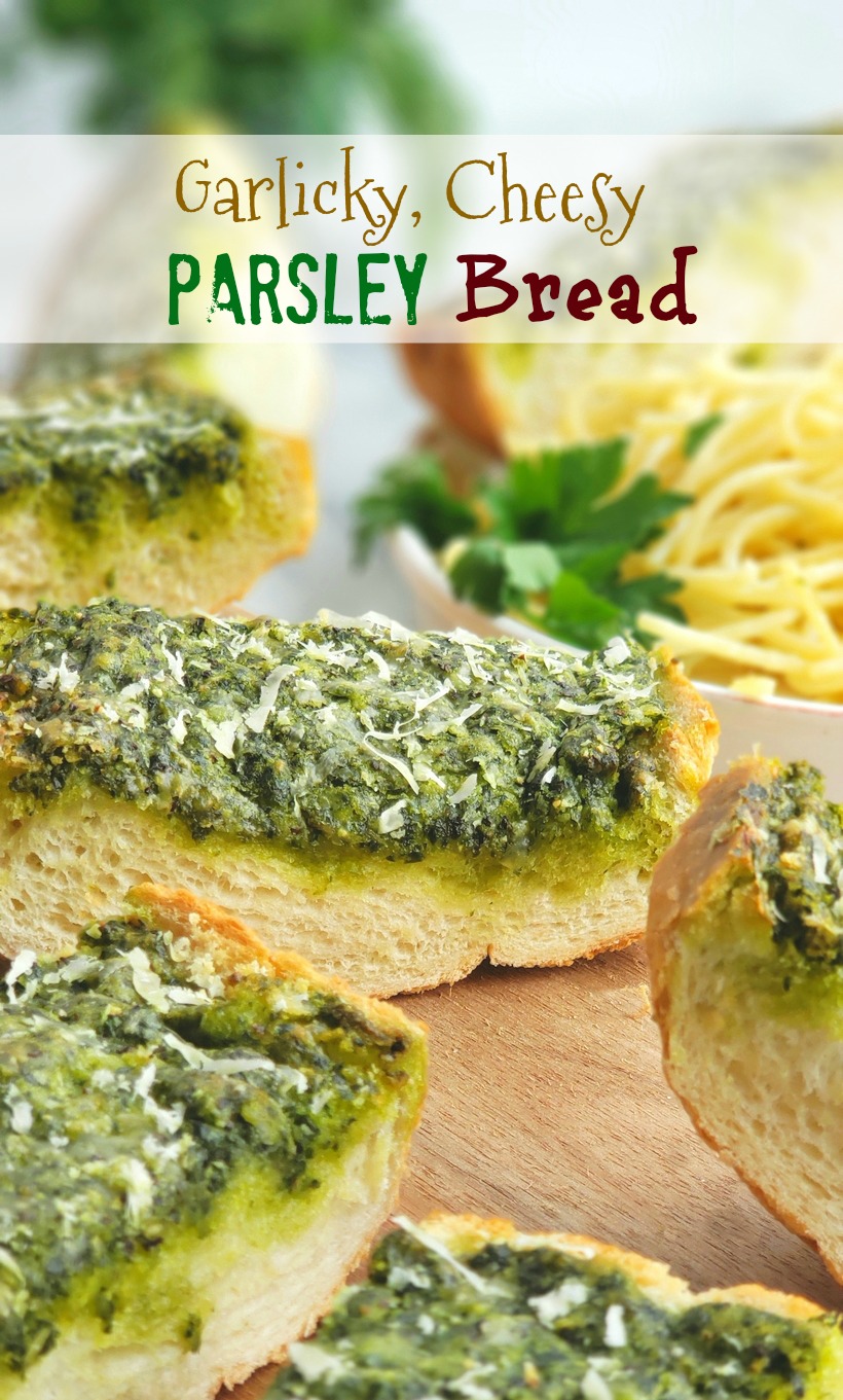 Use up your leftover parsley with this deliciously, flavorful Garlicky, Cheesy Parsley Bread. It's the perfect side dish for a bowl of pasta. #noblepig #parsley #garlicbread