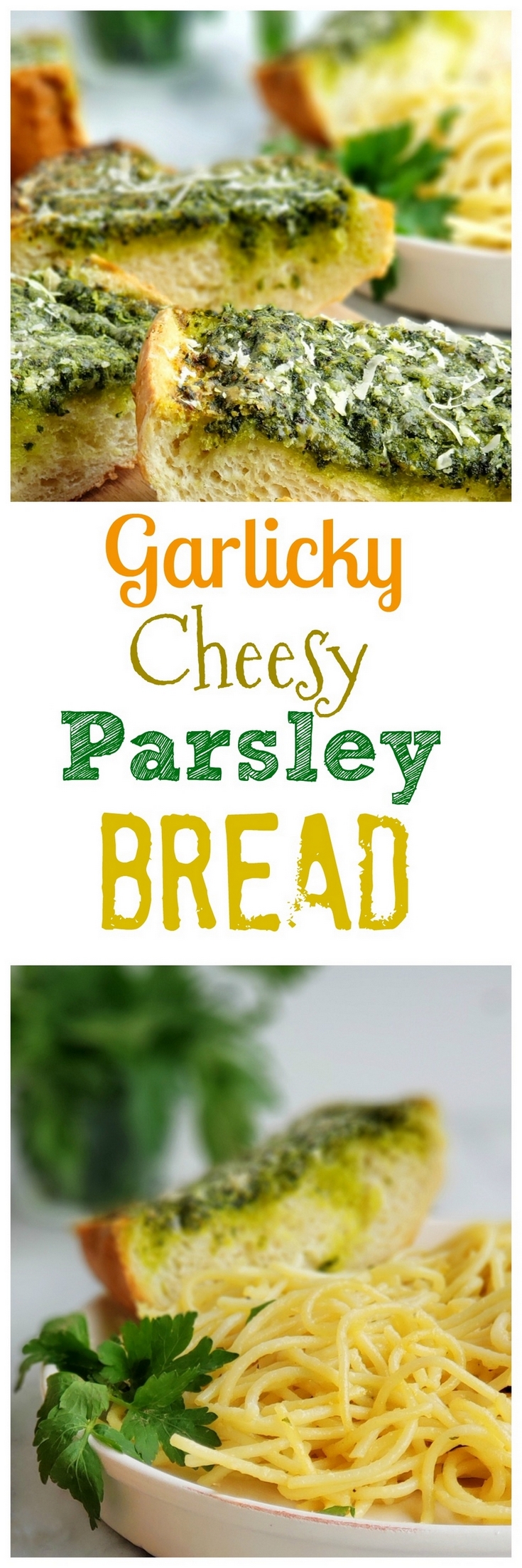 Use up your leftover parsley with this deliciously, flavorful Garlicky, Cheesy Parsley Bread. It's the perfect side dish for a bowl of pasta. #noblepig #parsley #garlicbread via @cmpollak1