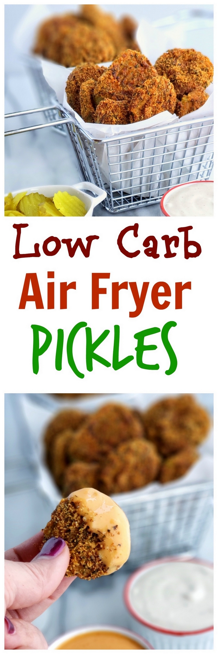 Whip up these Low Carb Air Fryer Pickles in minutes. The perfect guiltless snack for any gathering. #noblepig #lowcarb #keto via @cmpollak1