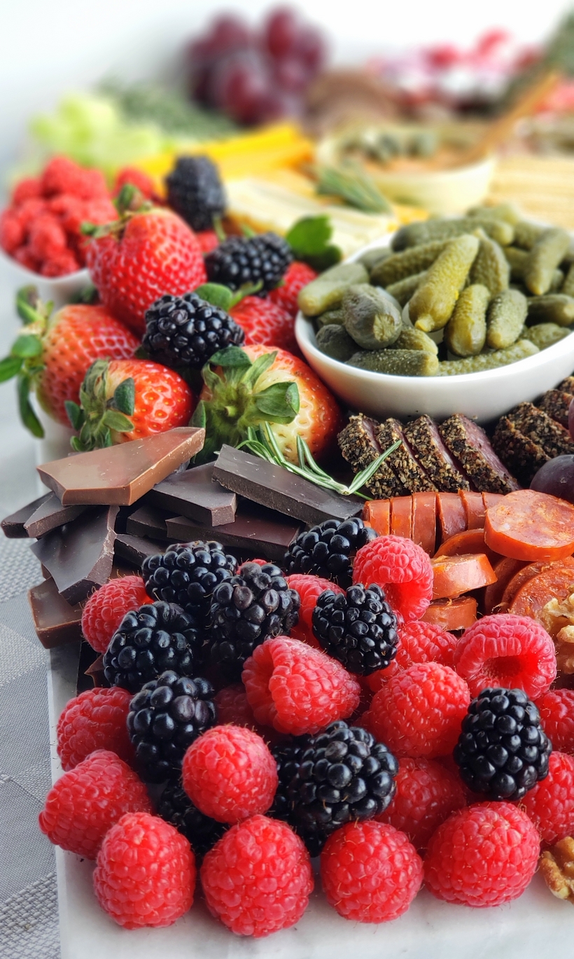 Valentine's Day Charcuterie Board with berries. valentine's day charcuterie board with sweet and savory items.