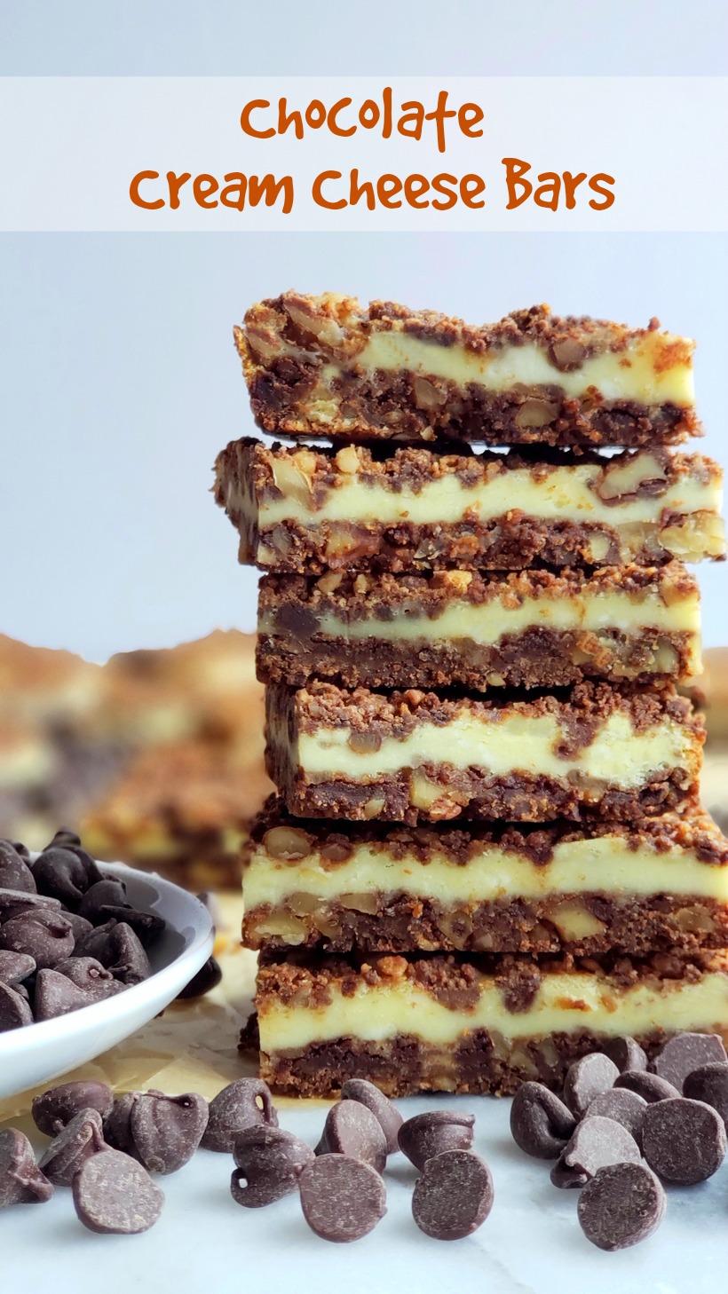 Perfect for any occasion, these Chocolate Cream Cheese Bars feature a unique chocolate graham cracker crust and topping, with a creamy middle layer. #creamcheesedessert