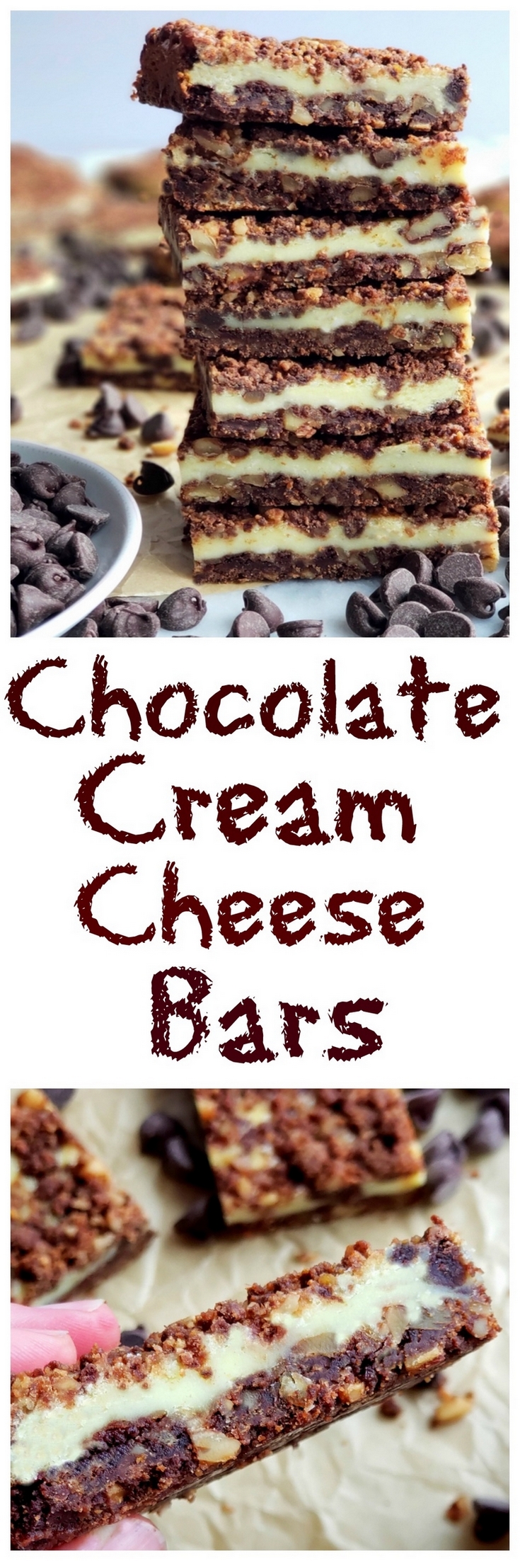 Perfect for any occasion, these Chocolate Cream Cheese Bars feature a unique chocolate graham cracker crust and topping, with a creamy middle layer. #creamcheesedessert via @cmpollak1