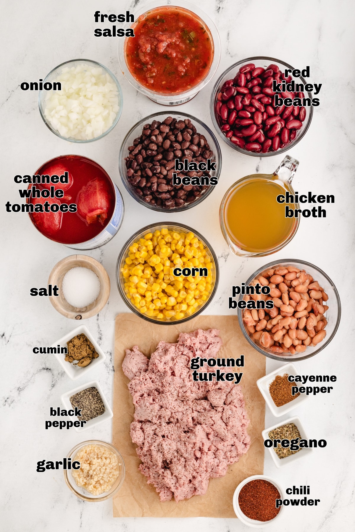 Turkey Chili Ingredients Ingredients laid out for a healthy chili recipe including turkey, beans, tomatoes, corn, salsa, and spices.