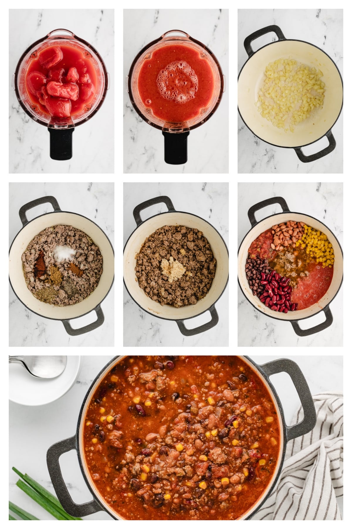 Low Calorie Chili Process Step by step photos showing how to make low calorie chili with turkey, from blending tomatoes to simmering beans and corn in a Dutch oven.