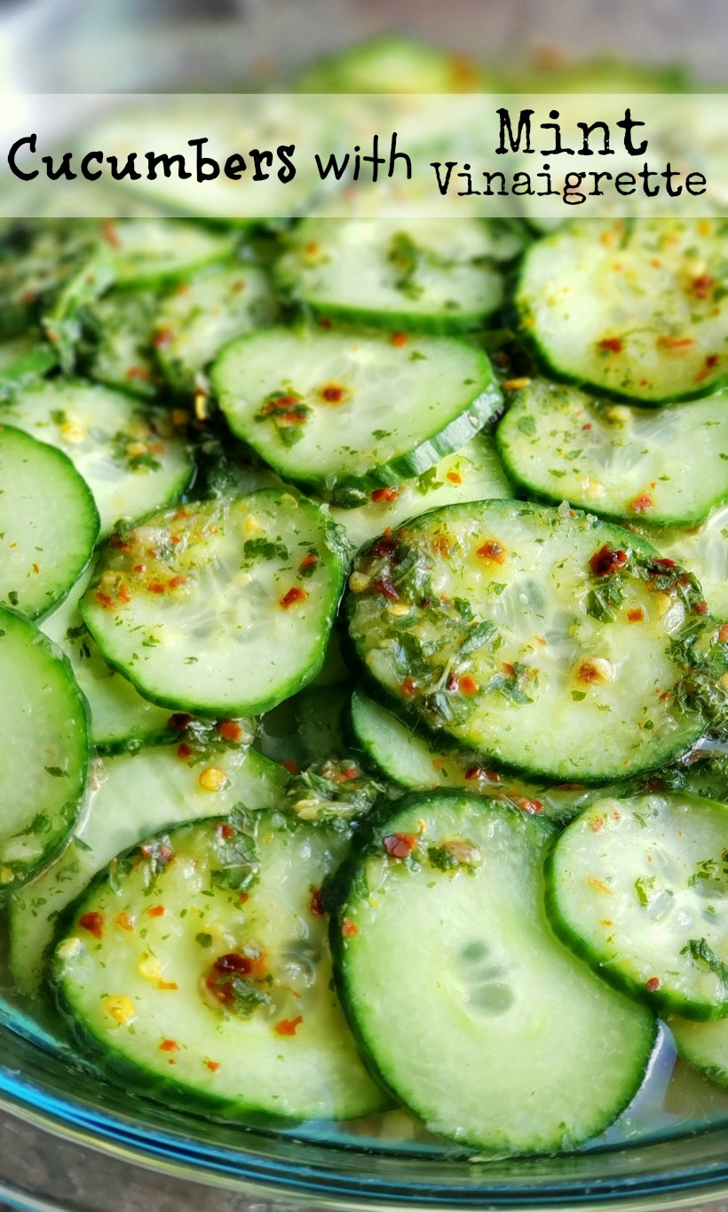 Keep it light and refreshing ~ Cucumbers with Mint Vinaigrette are the perfect side dish for any meal. They are especially wonderful with Asian Cuisine. #cucumbers #sidedish #asiancuisine Cucumbers with Mint Vinaigrette in text with a bowl of sliced cucumbers.