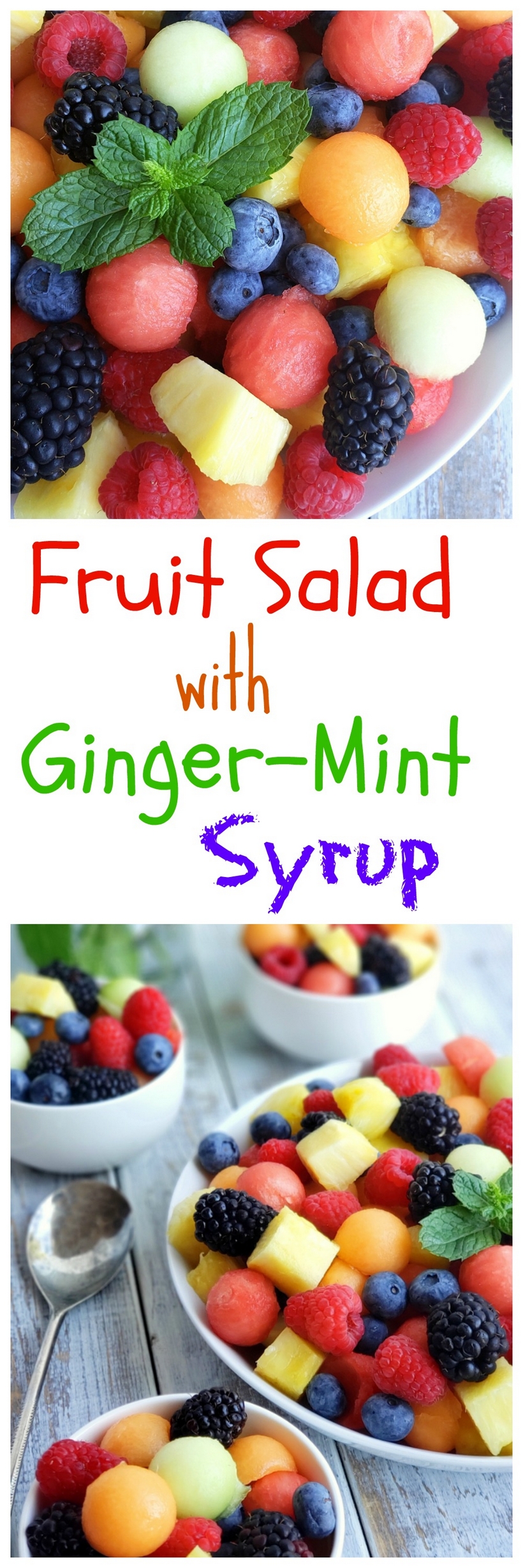 Almost any fruit is excellent here - even peaches, nectarines and cherries would work well in this Fruit Salad with Ginger-Mint Syrup. Use what strikes you for dessert and serve with sugar cookies. The ginger-mint syrup is especially good when your fruit needs a little extra sweetness. #fruitsalad  via @cmpollak1