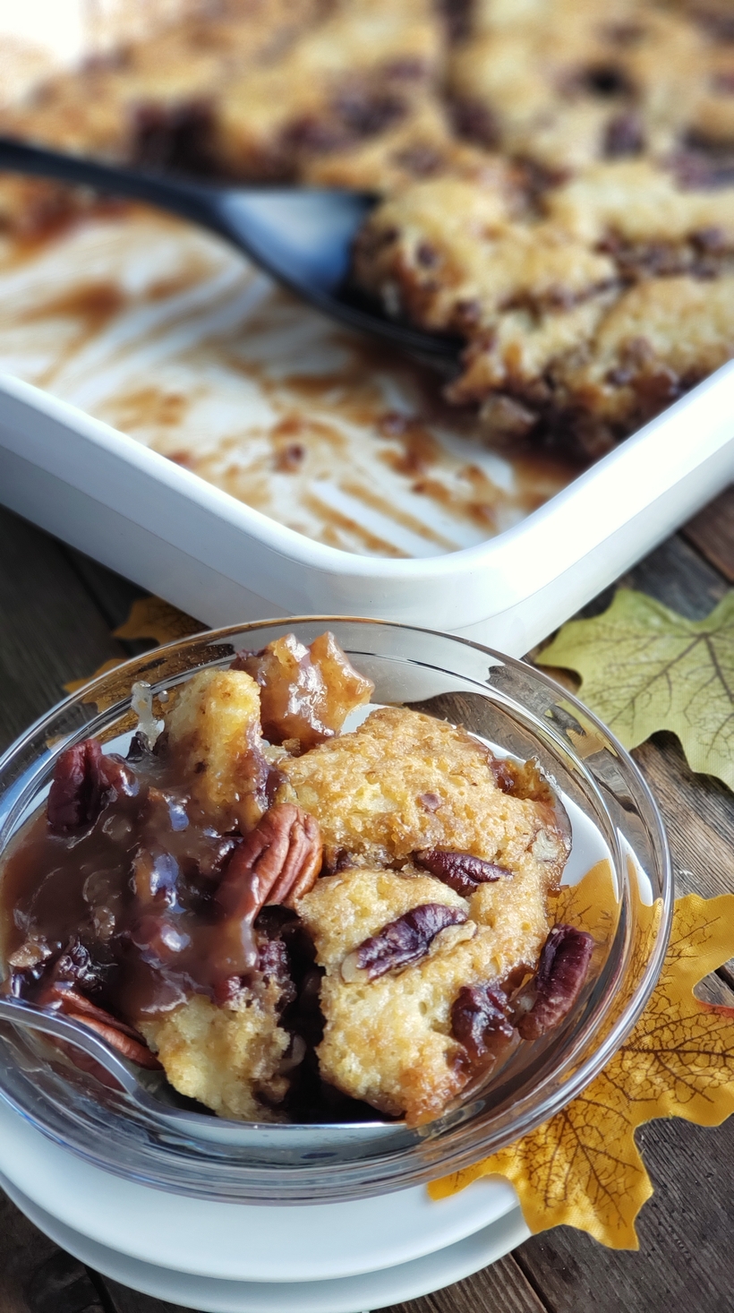 When it comes to Thanksgiving dessert ideas for a crowd, this Pecan Pie Cobbler is the answer to your holiday dessert dreams. There is something amazing about taking the simplicity of cobbler and turning it into the richness of pecan pie. Serving of cobbler in a bowl.