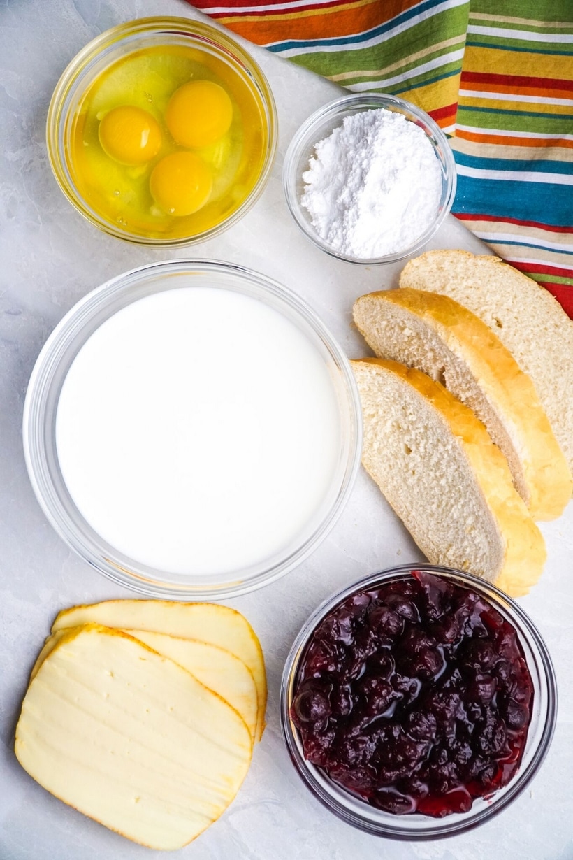 Leftover Turkey Monte Cristo sandwich ingredients on a countertop.