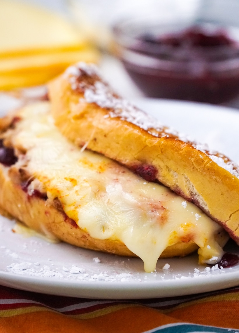 Leftover Turkey-Cranberry Monte Cristo Sandwich with melty cheese. Sideview of a Leftover Turkey-Cranberry Monte Cristo Sandwich.
