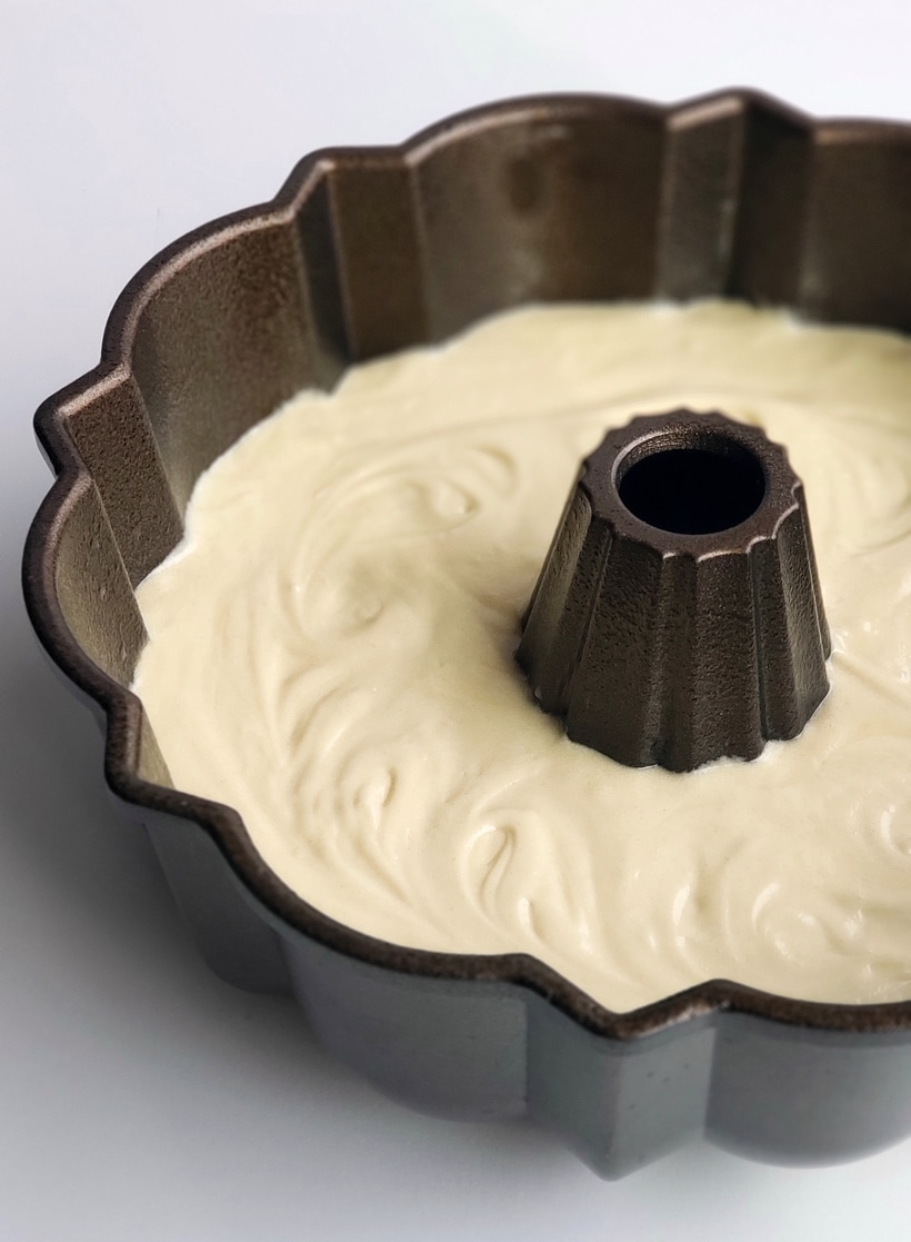 Cake batter in a Bundt pan.