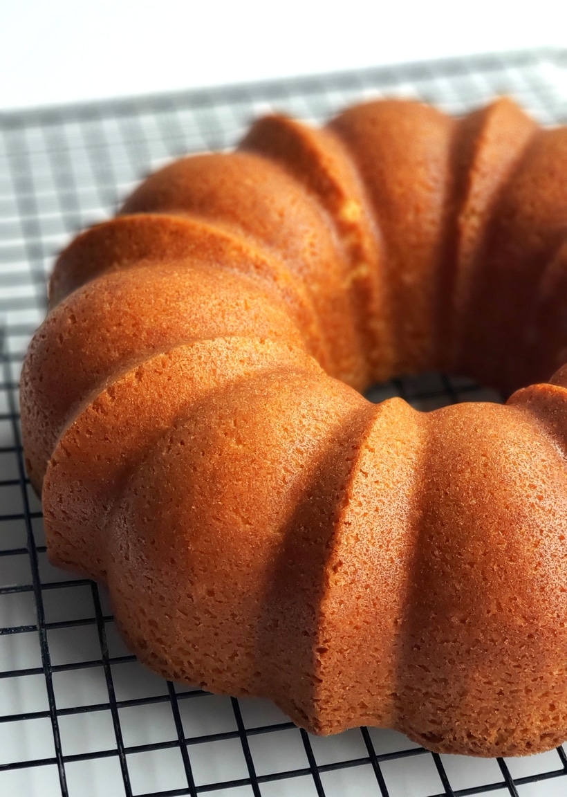 Baked RumChata Bundt Cake on a cooling rack.