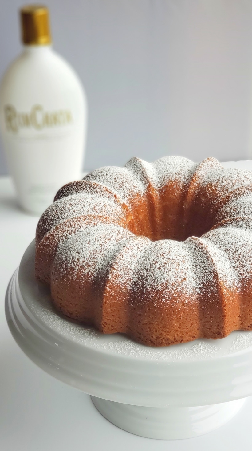 Bundt Cake on a white cake stand with RumChata liqueur in the background.