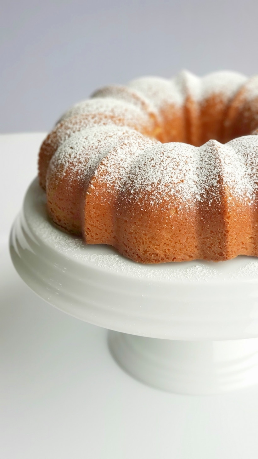 RumChata Bundt Cake on a white cake stand.