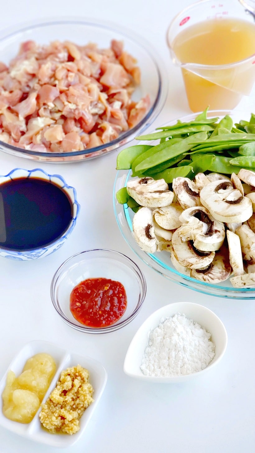 Ingredients to make chicken and snow pea stir-fry.